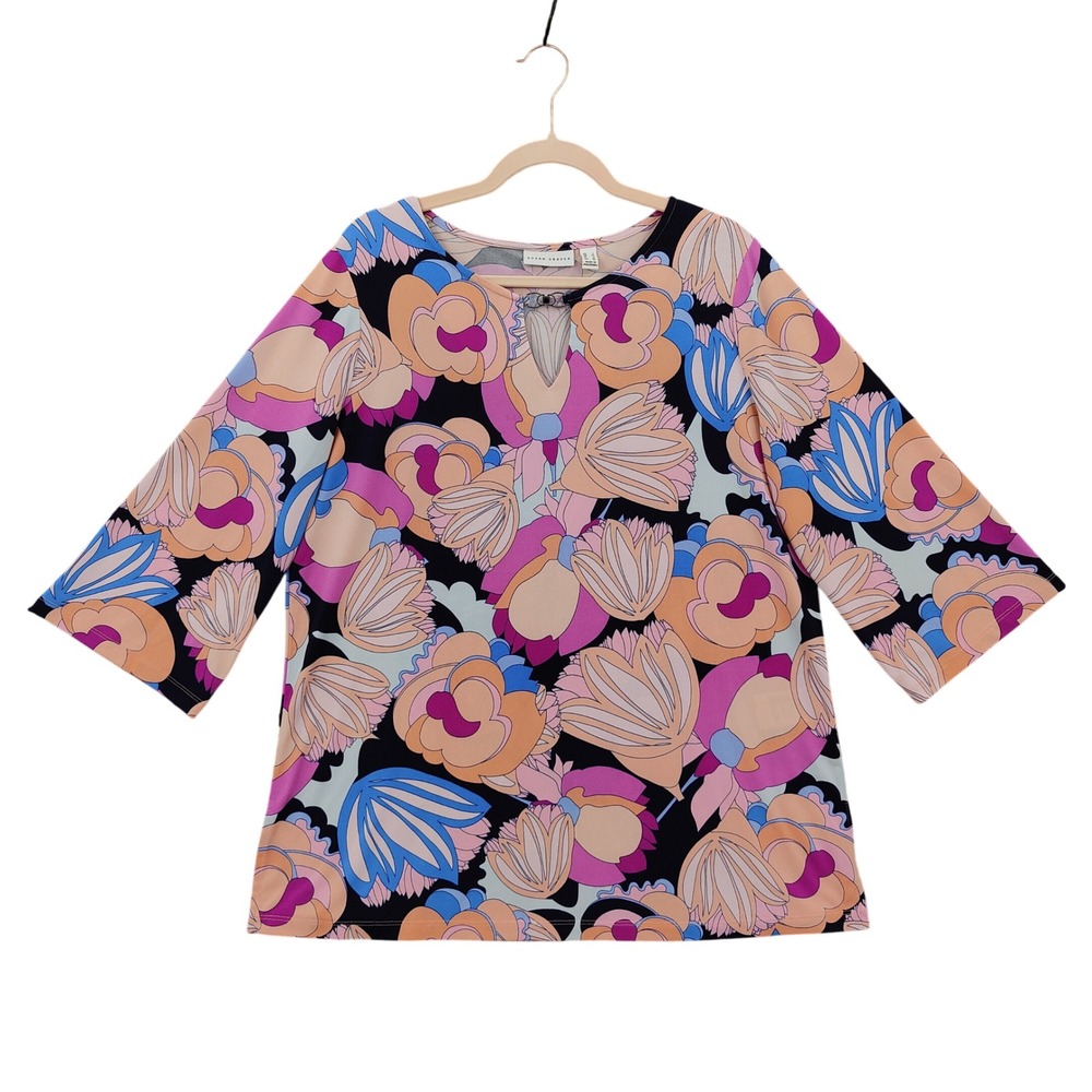 Susan Graver Women Retro Mod Art Deco Floral Liquid Knit Tunic Top L Multicolor